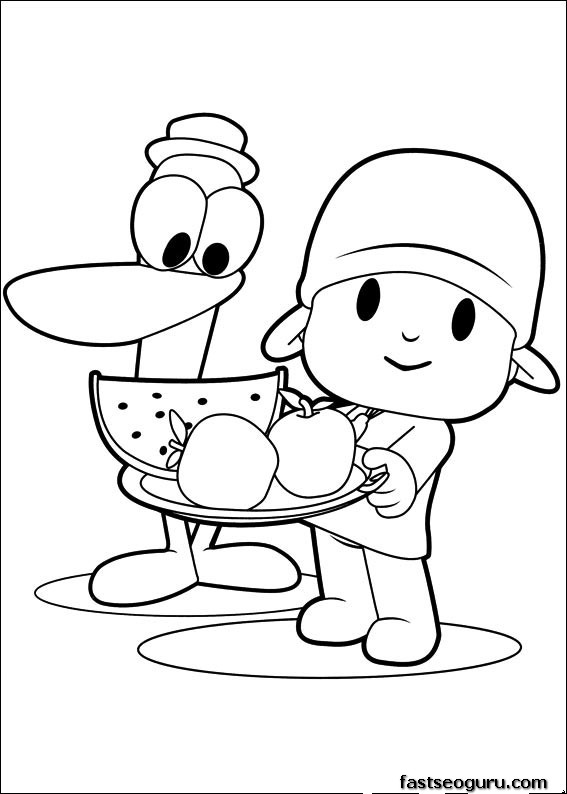 Printable coloring pages Pocoyo and Pato with fruits